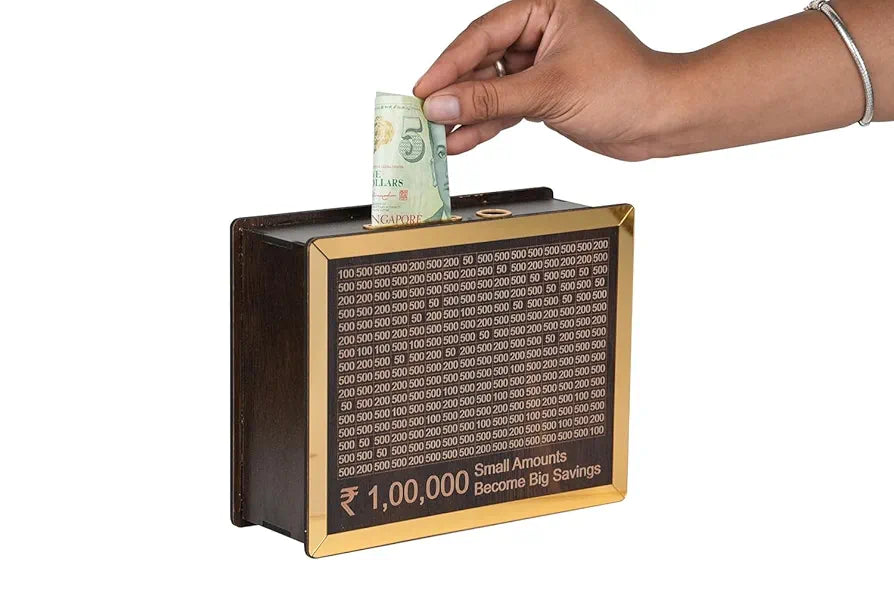 COOKVITA Wooden Money Saving Box | Cash Saver Money Box with Counting Target | 1,00,000 Savings Challenge Piggy Bank | Coin & Cash Bank for Boys, Girls and Adult | Durable & Eco-Friendly| Modern